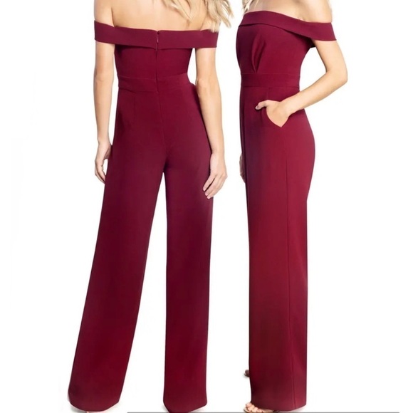 Dress The Population Julian Crepe Off The Shoulder Wide Leg Jumpsuit Burgundy S - Picture 2 of 11